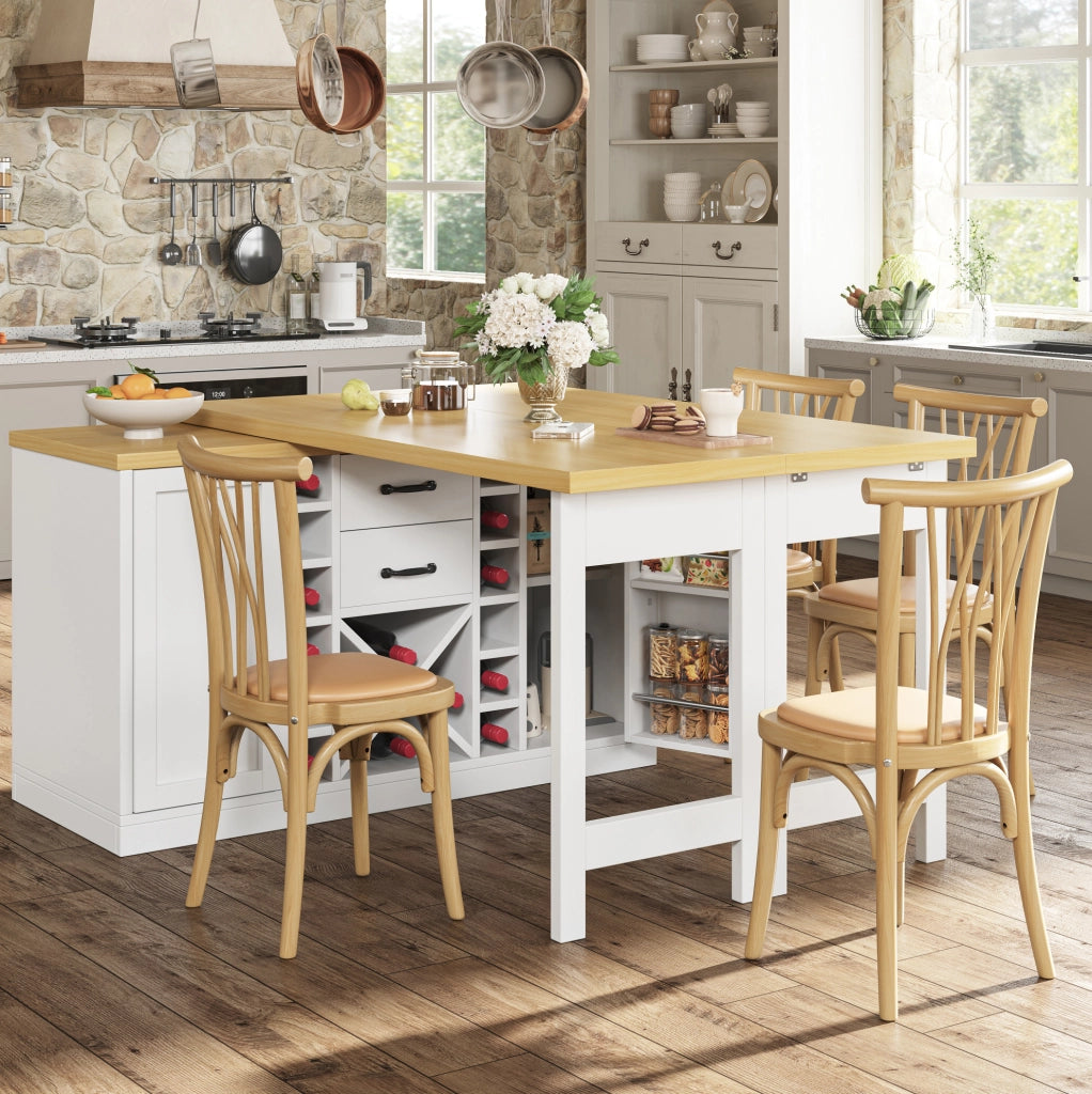 Isola cucina girevole 360° con tavolo 120-223x40x73;8 cm; MDF bianco e metallo