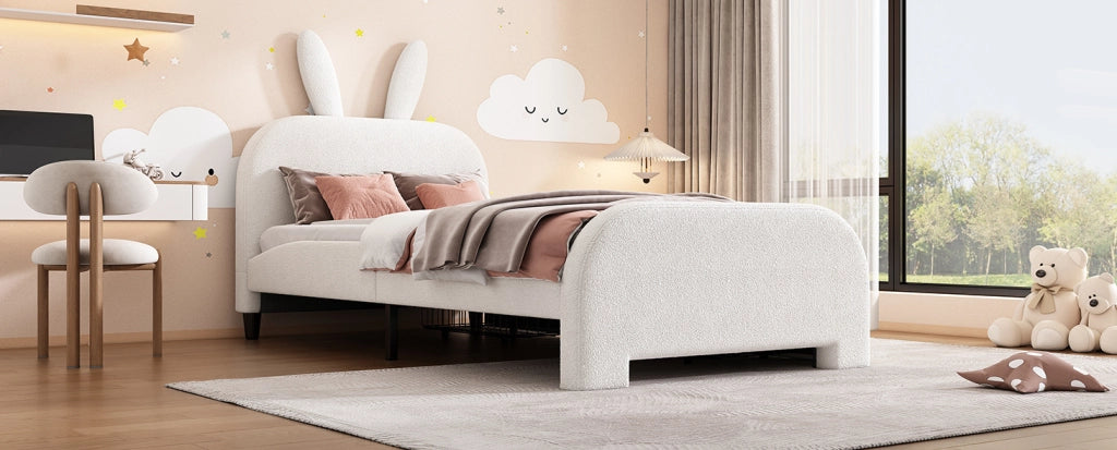 Letto per bambini 90x200 cm con testiera a forma di coniglio, imbottito in lana d'agnello, con due cassetti, colore bianco
