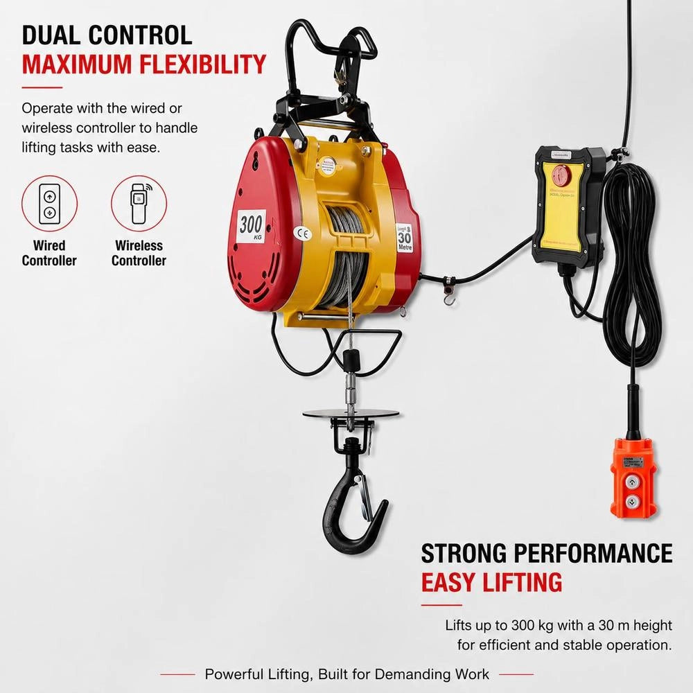 Electric Winch 300 Kg, 2-in-1 Electric Rope Hoist 1500 W, Hoist 30 M Lifting Height, Rope Pull 18.9 M/min, With Wired & Wireless Remote Control For Factory, Warehouse & Garage