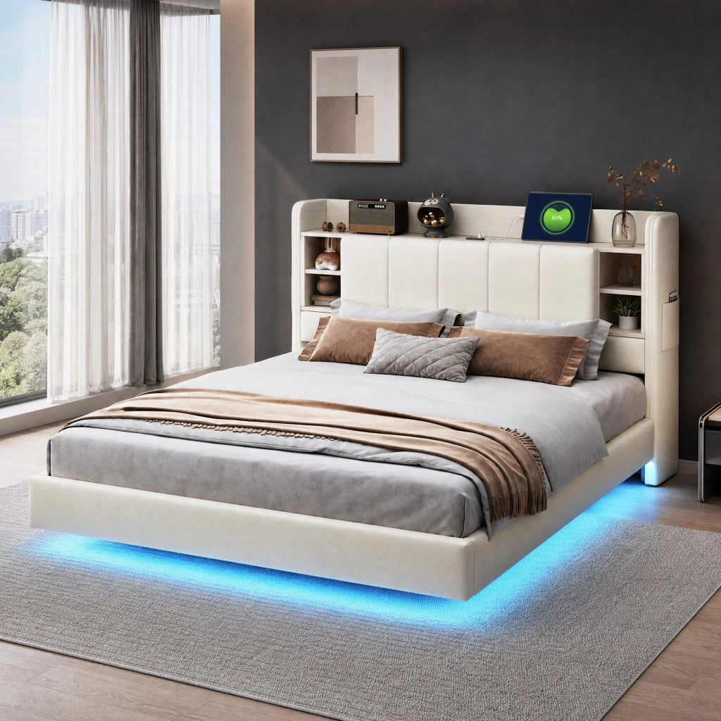 Letto matrimoniale imbottito 160 × 200 cm con LED porta USB vani e mensole testiera in lino beige