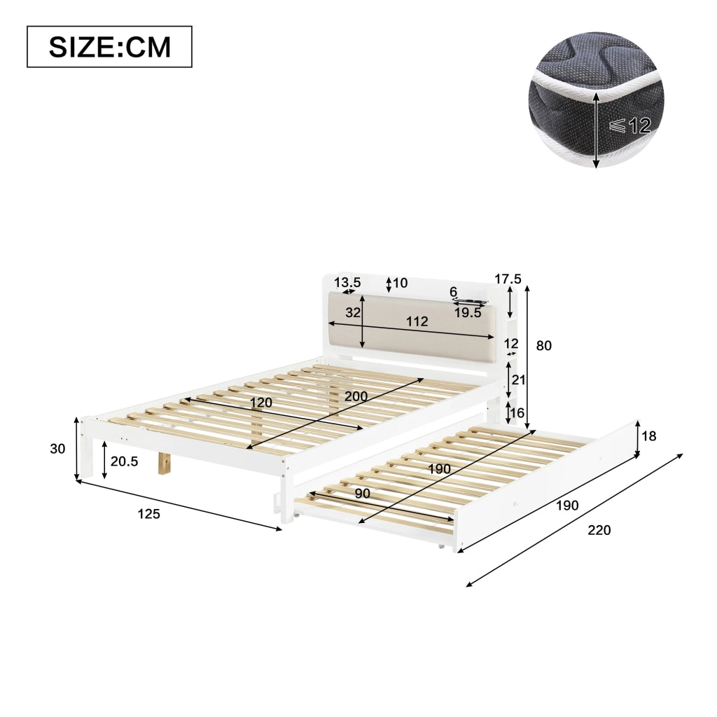 Divano letto 120 x 200 cm con LED e contenitori, letto estraibile in legno bianco con funzione estensibile, testiera e struttura salvaspazio