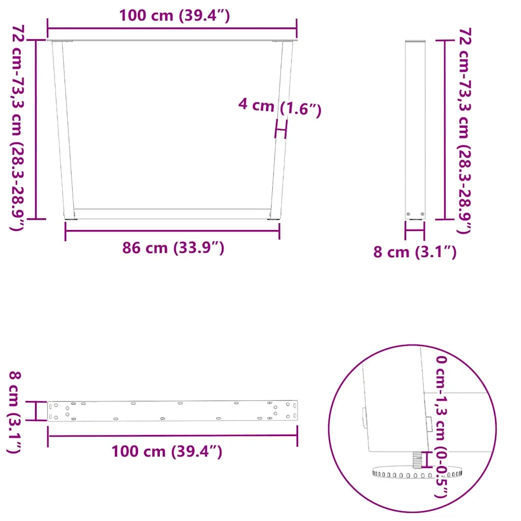 Gambe per tavolo da pranzo a forma di V 3 pz | Piede del tavolo nere 100x(72-73,3) cm in acciaio