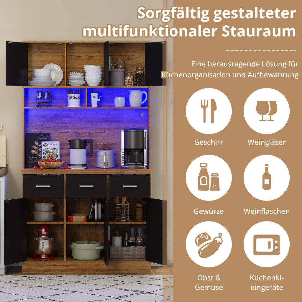 Credenza da cucina alta LED con 6 ante, 3 cassetti e prese USB, per cucina, MDF naturale e nero, 100 × 40 × 180 cm