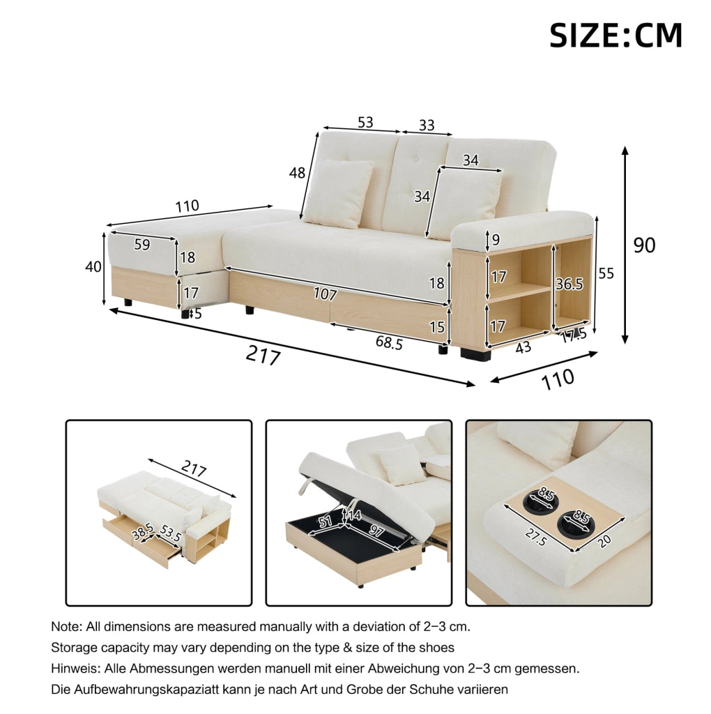 Divano letto in chenille con contenitore e cassetti