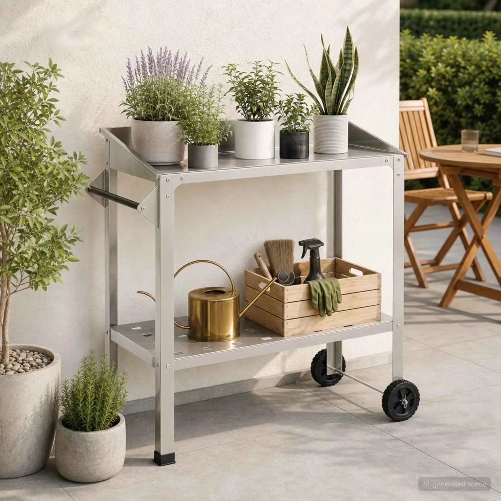 Tavolo da Vaso con Ruote 96 x 50 x 89 cm Acciaio Inox Argento 8014852