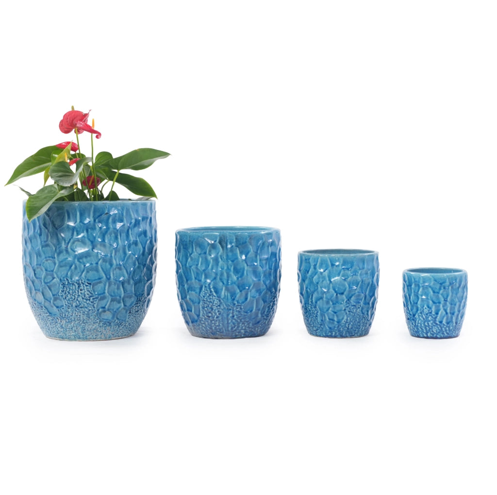 Vaso in ceramica artigianale ø38 cm, blu lucido con rilievo martellato e foro di drenaggio, resistente al gelo