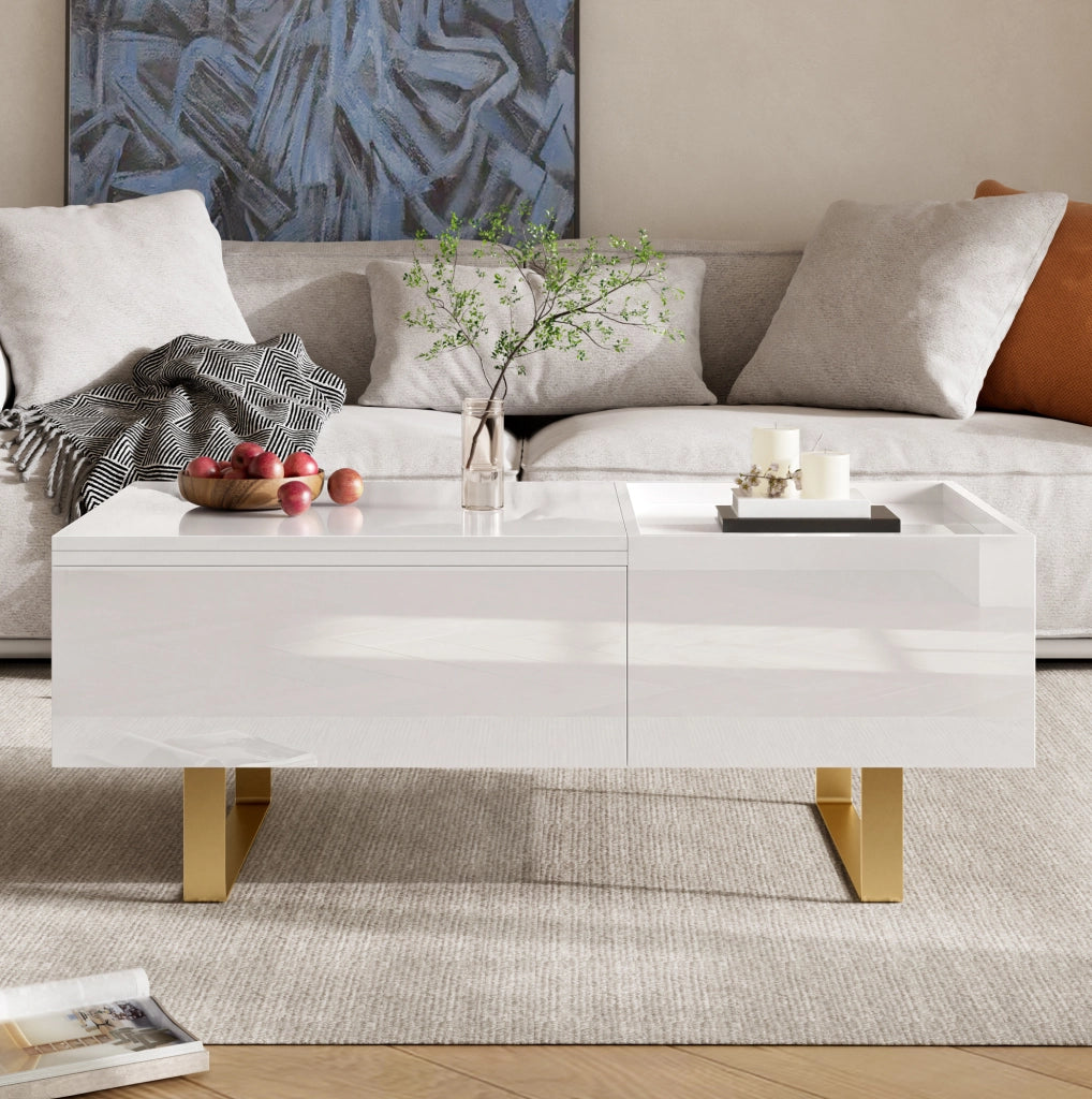 Tavolino da caff¨¨ 100x50 cm con piano sollevabile e cassetto in MDF bianco