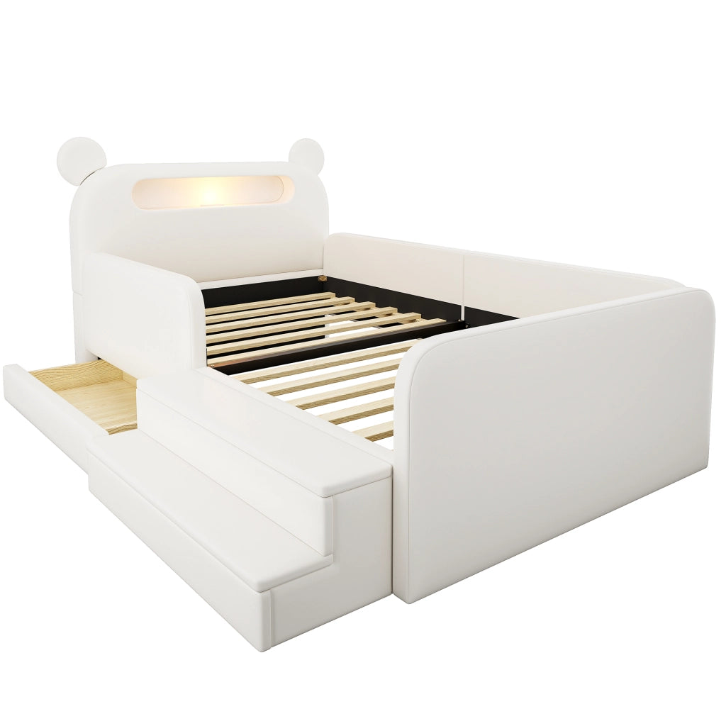 Letto imbattito per bambini con testiera a orsetto; luce notturna; porta USB e contenitore; ecopelle bianca; 90x200 cm; senza materasso