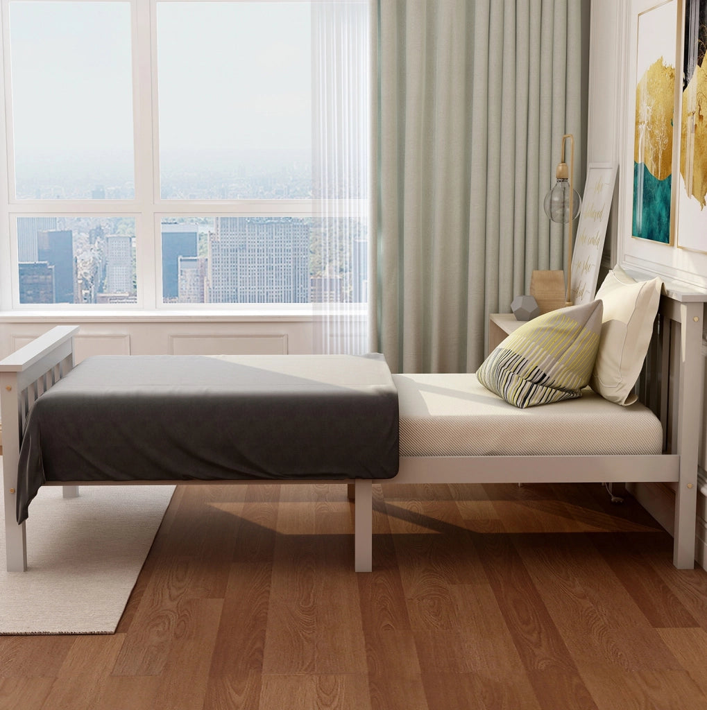 Letto singolo in legno massiccio di pino 90x200 cm con rete a doghe e testiera bianco