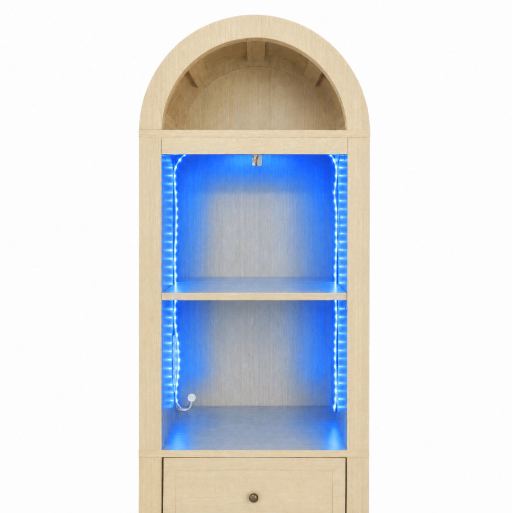 Armadio alto da bagno 163 cm in MDF con LED RGB, anta reversibile e cassetto, colore legno naturale