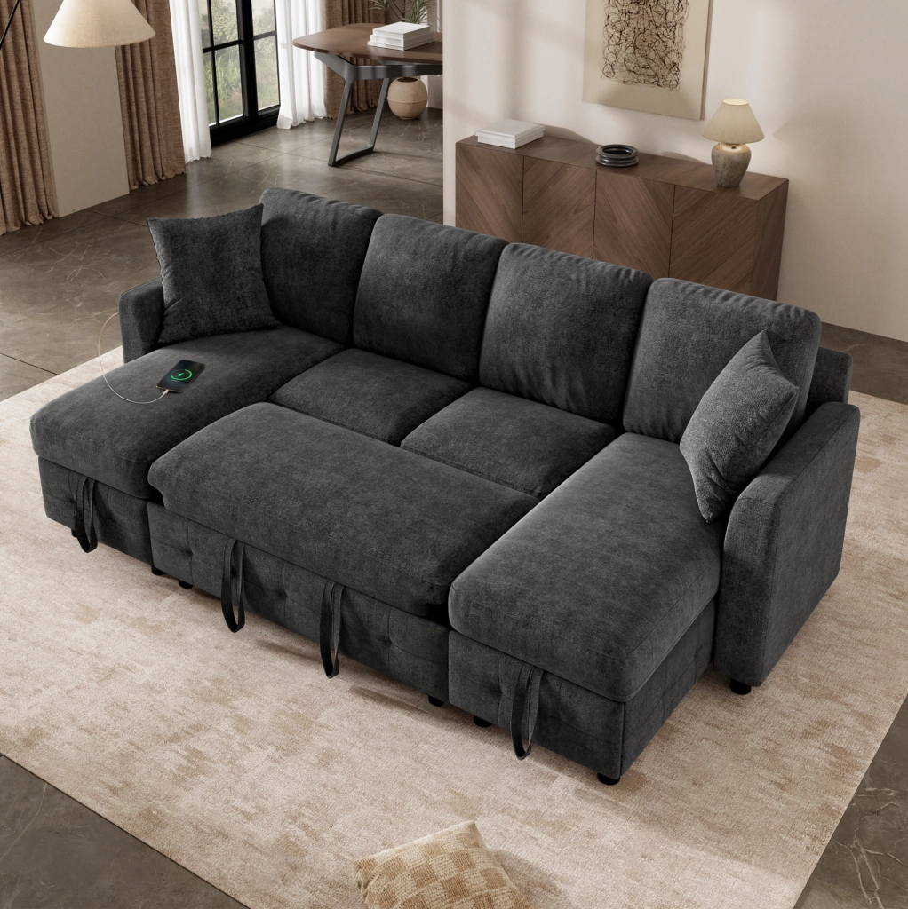 Divano letto estraibile in ciniglia con 2 chaise longue contenitore; USB e Type-C; grigio scuro