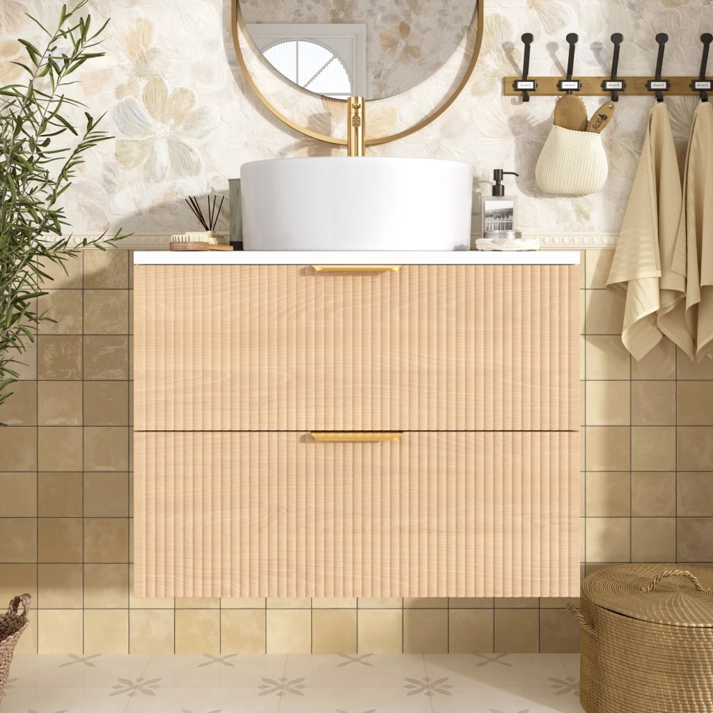 Mobile bagno 60 cm sospeso con lavabo rotondo in ceramica; 2 cassetti; MDF; effetto legno naturale