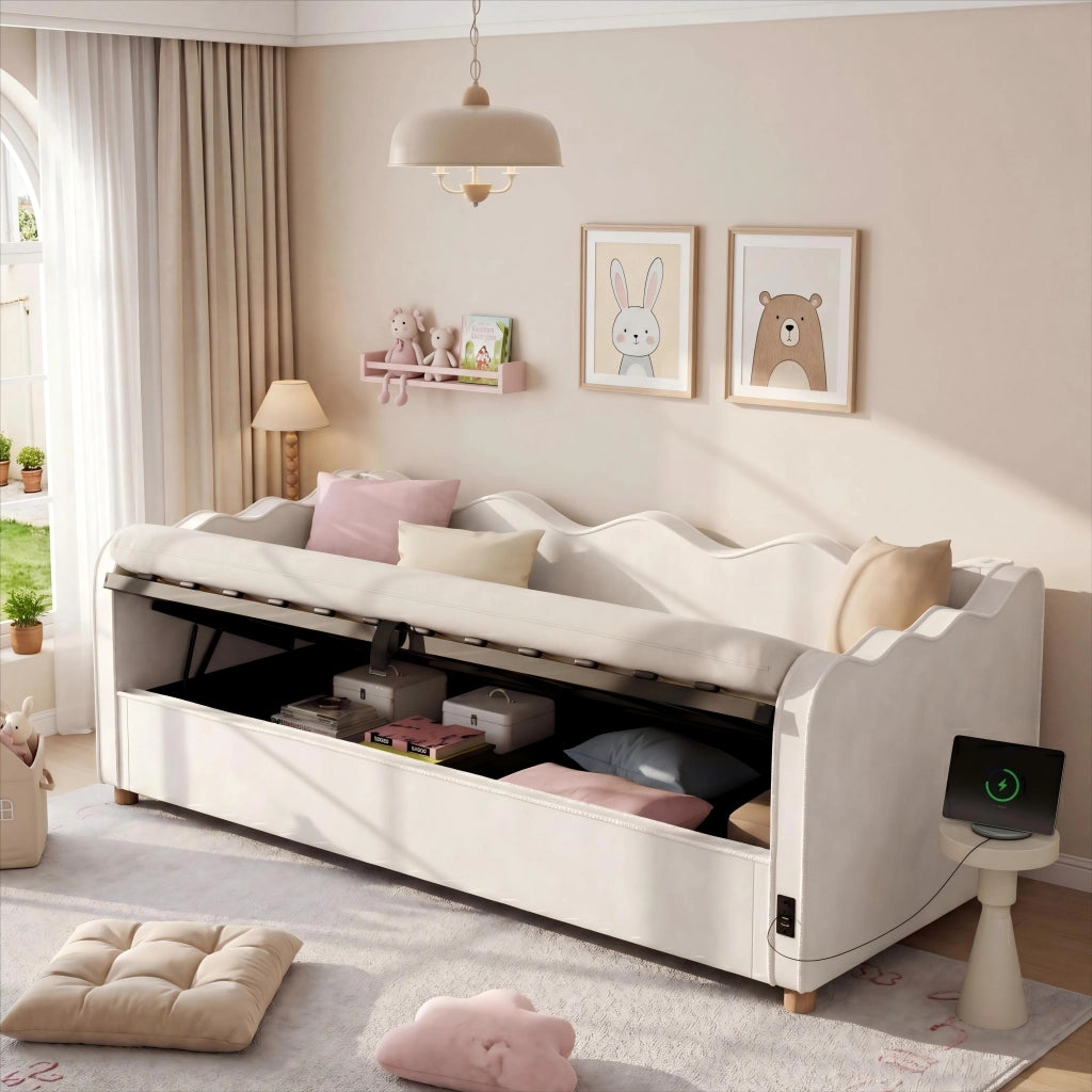Letto per bambini 90x200 cm imbottito con vano contenitore idraulico; USB e Type-C; velluto beige