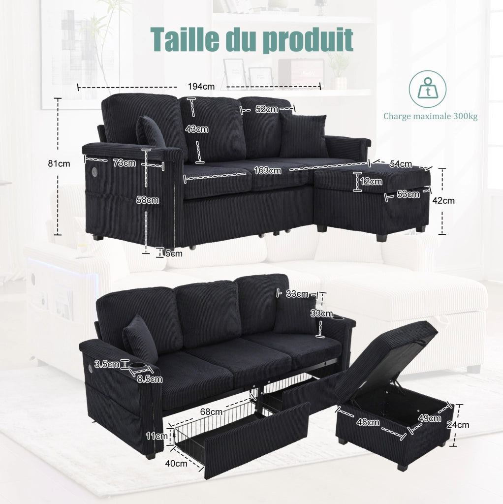 Divano modulare nero in velluto a coste con LED; USB/Type-C; cassetti e tasche laterali