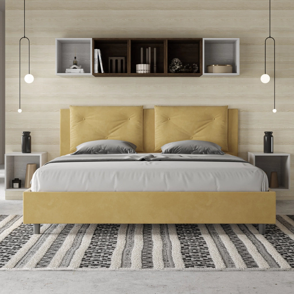 BS COM Letto matrimoniale king size con rete imbottito 170x210 microfibra ocra