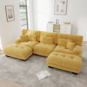 Divano modulare ad angolo a forma di U in tessuto vintage Chenille giallo con pouf abbinati
