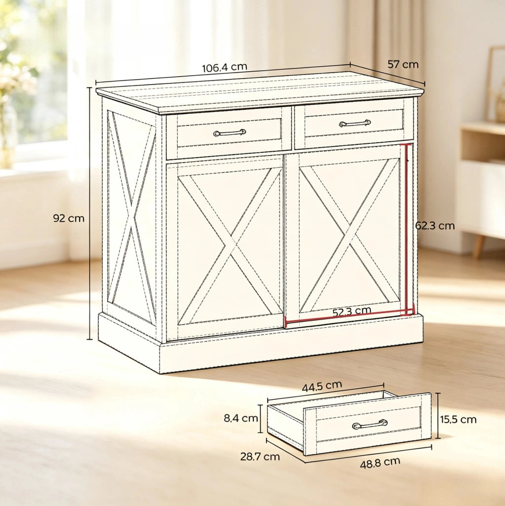 Isola cucina 106,4x57x92 cm bianca e marrone in MDF, 2 cassetti e anta scorrevole