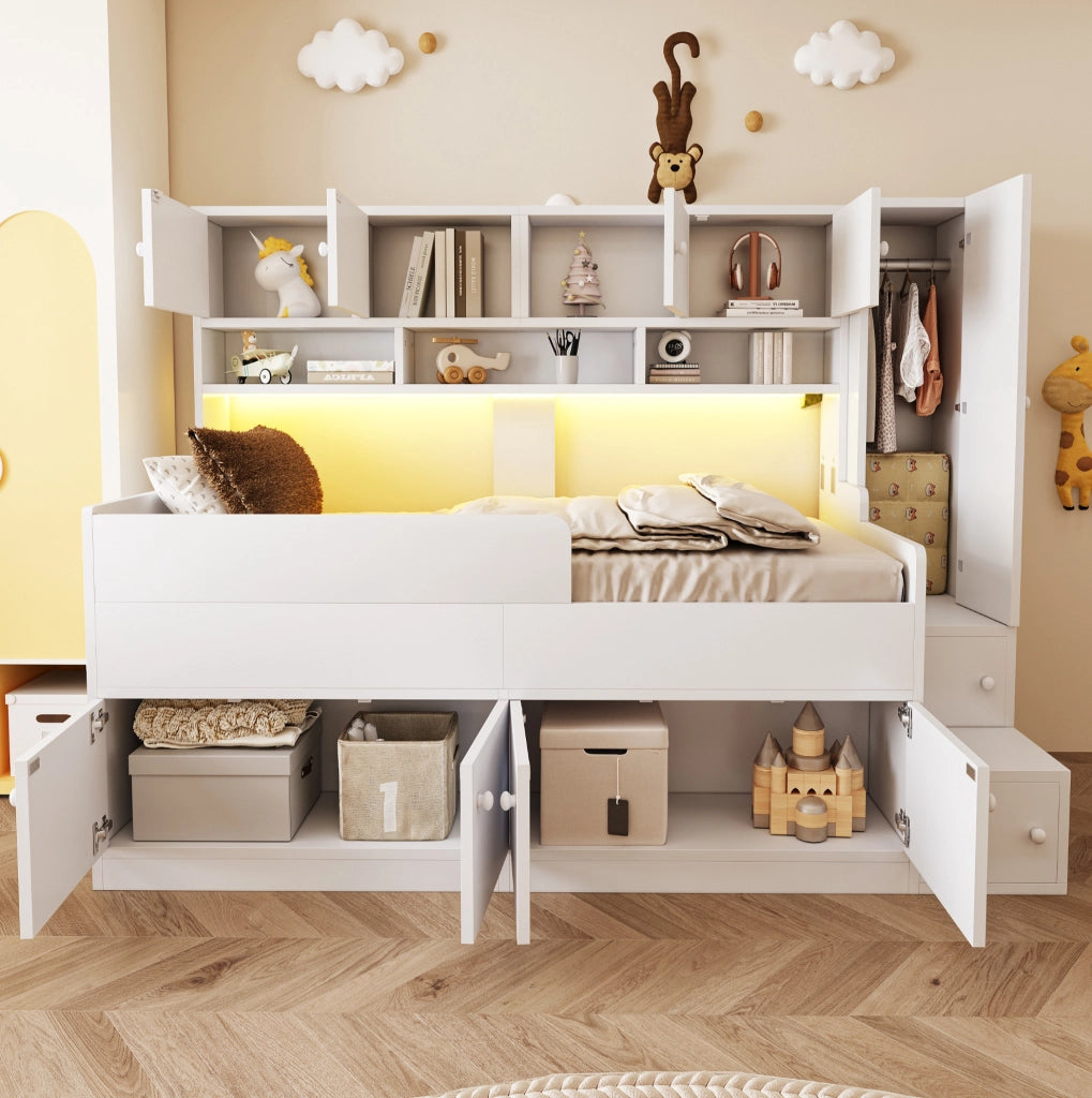 Letto per bambini 90x200 cm in legno; con contenitori; scaffali e LED; bianco