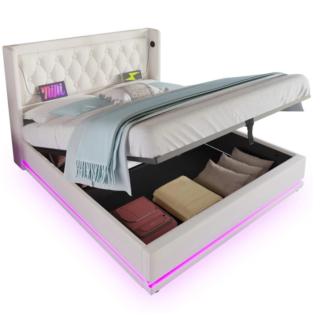 Letto matrimoniale 160x200 cm con contenitore; LED e USB-C; in PU bianco