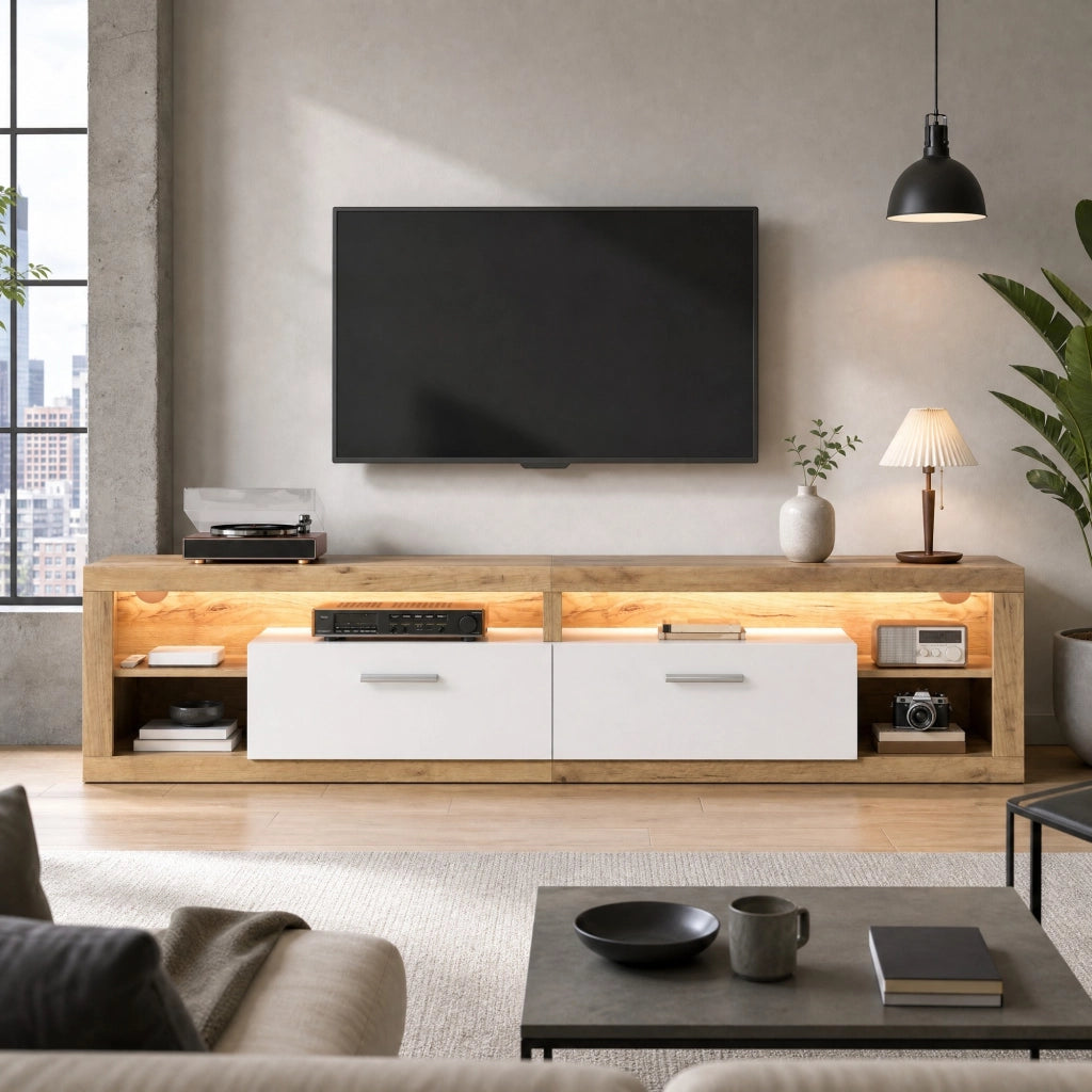 Mobile TV lowboard 180 x 35,5 x 50 cm naturale e bianco con LED App