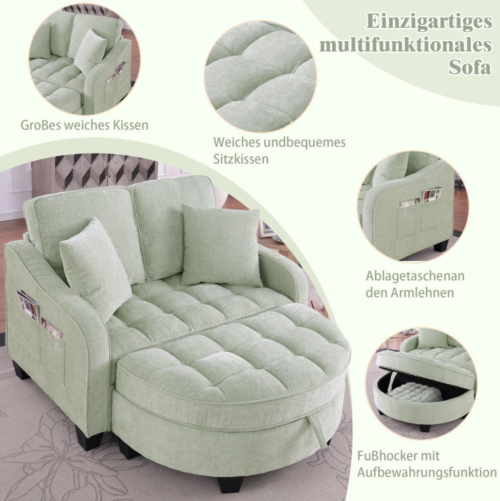Divano letto trasformabile 132x129x93 cm con pouf contenitore in legno di eucalipto; ciano