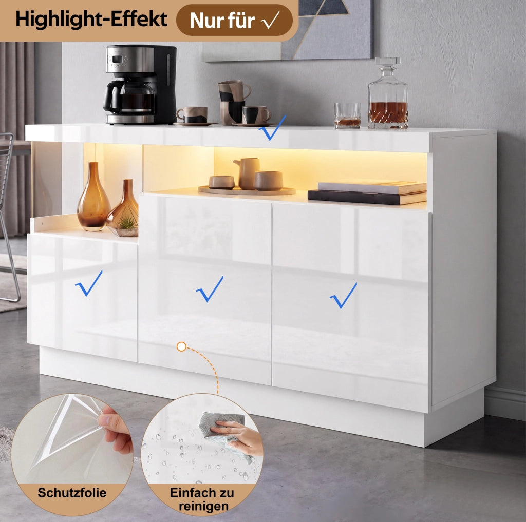 Credenza bianca 140 cm con LED controllati via app e vano acrilico
