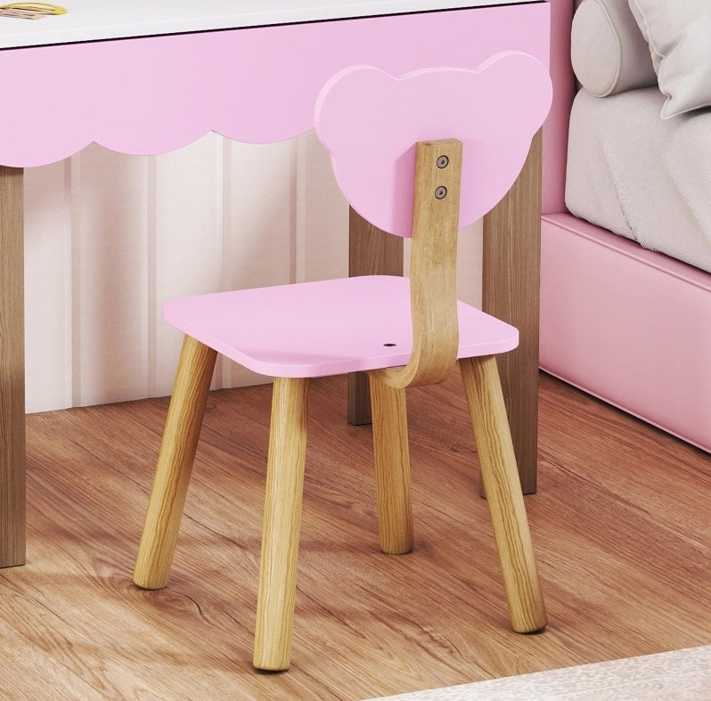 Toeletta per bambini ULEVR rosa con specchio acrilico a forma di orsetto, cassetto e sgabello