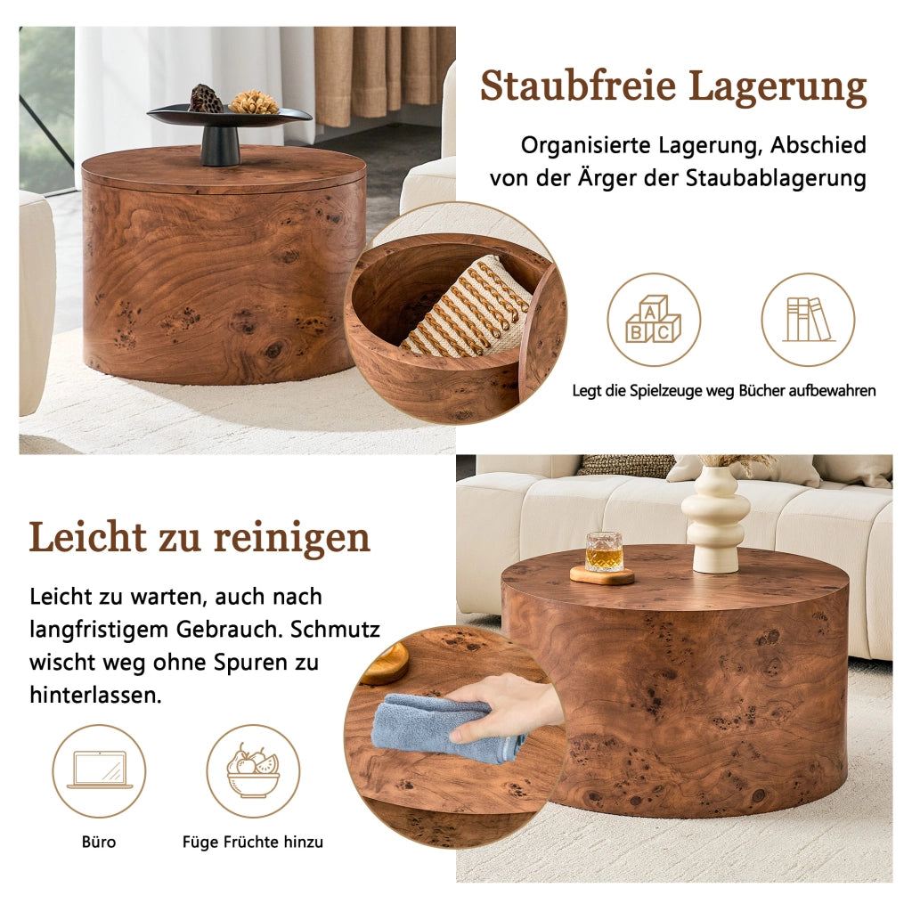 Set 2 Tavolini Rotondi a Nido con Contenitore, Legno MDF, Ø 62,8/44 cm, Piano Asportabile