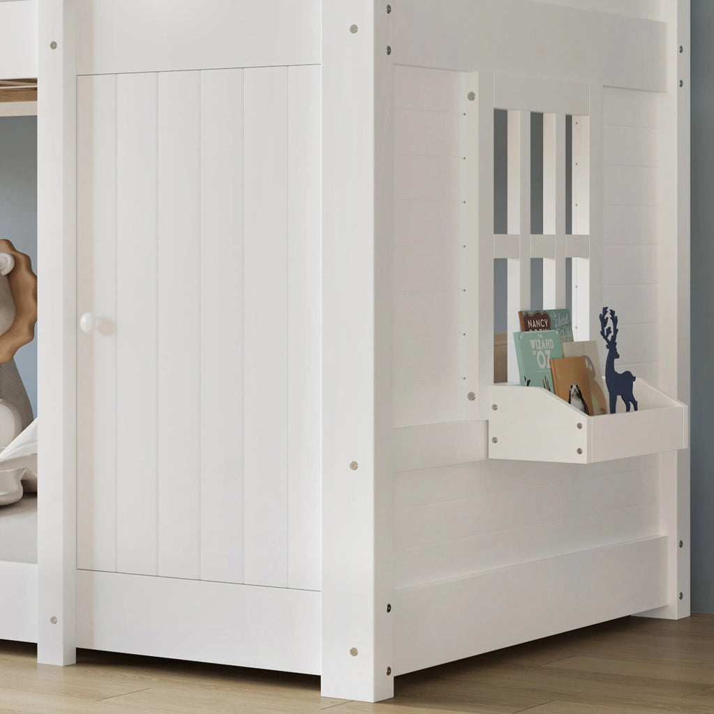 Letto a castello per bambini 90x200 cm con lavagna e scala inclinata in pino bianco