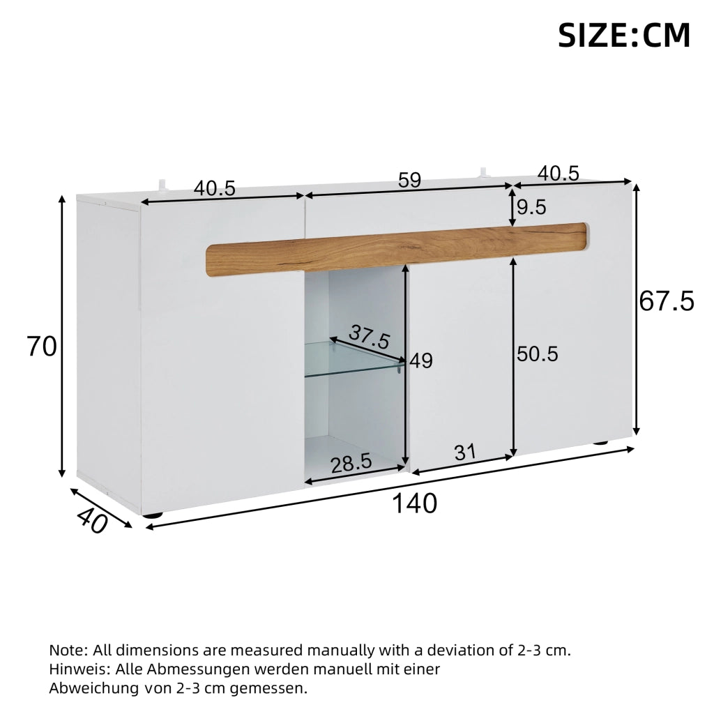 Madia a 3 ante con LED controllato da app e ripiano in vetro; truciolare bianco e naturale 140 × 40 × 70 cm