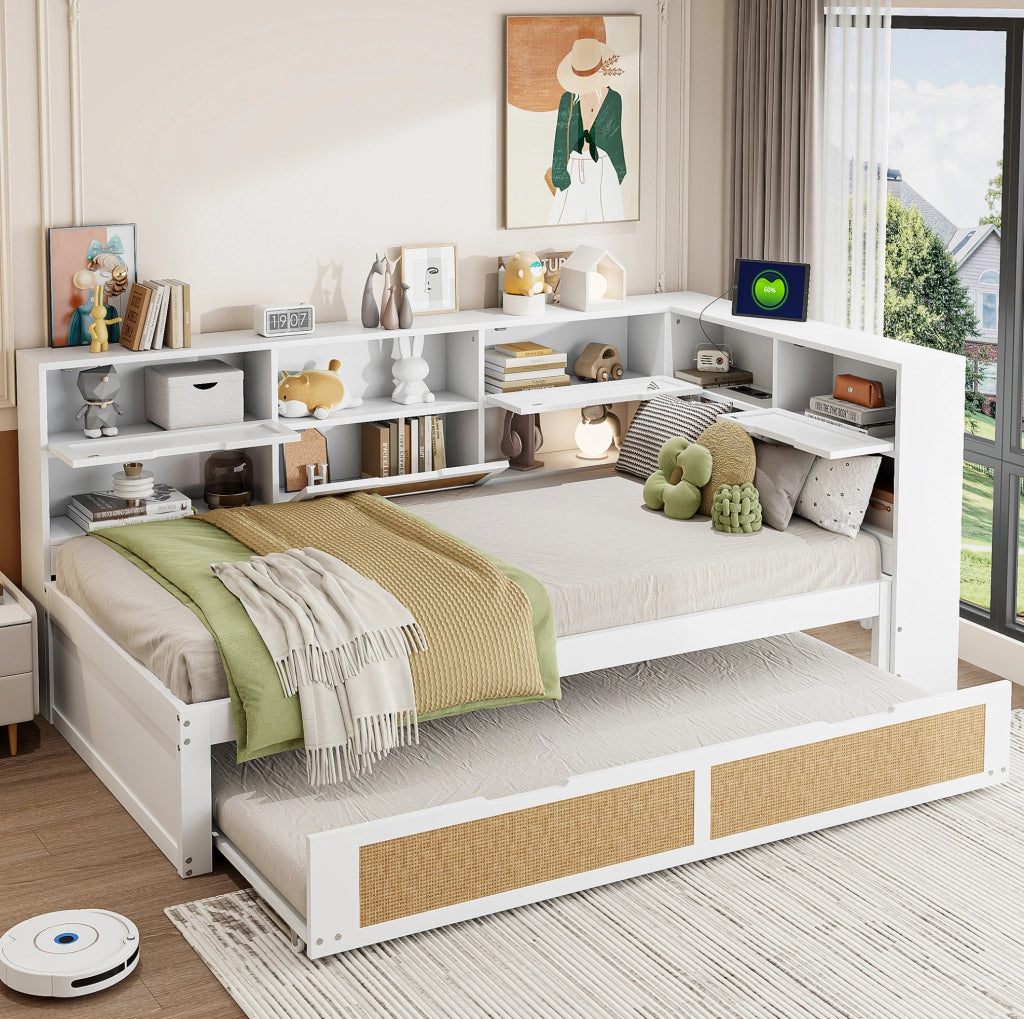 Divano letto singolo in legno bianco 90x200 cm con letto estraibile, ricarica USB e vani