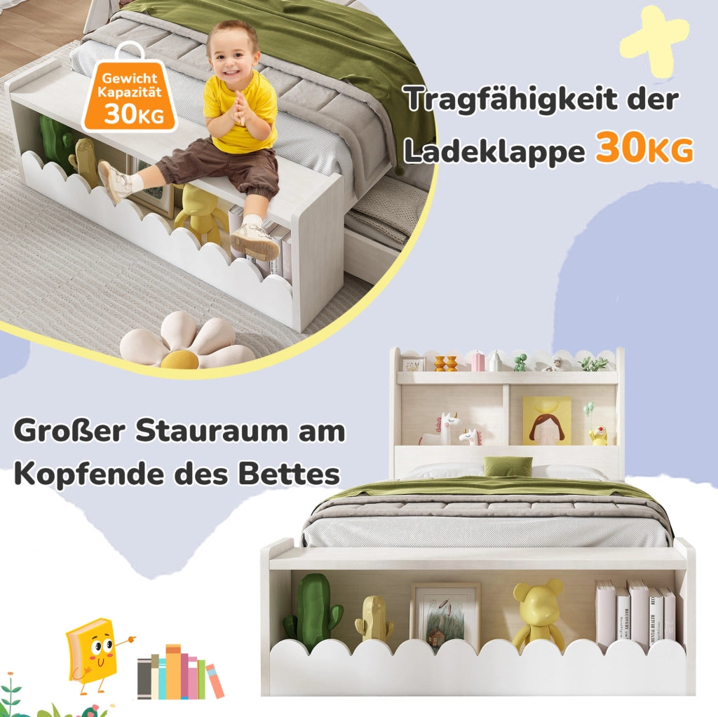 Letto singolo 90 x 200 cm con cassetti, ripiani e panca contenitore