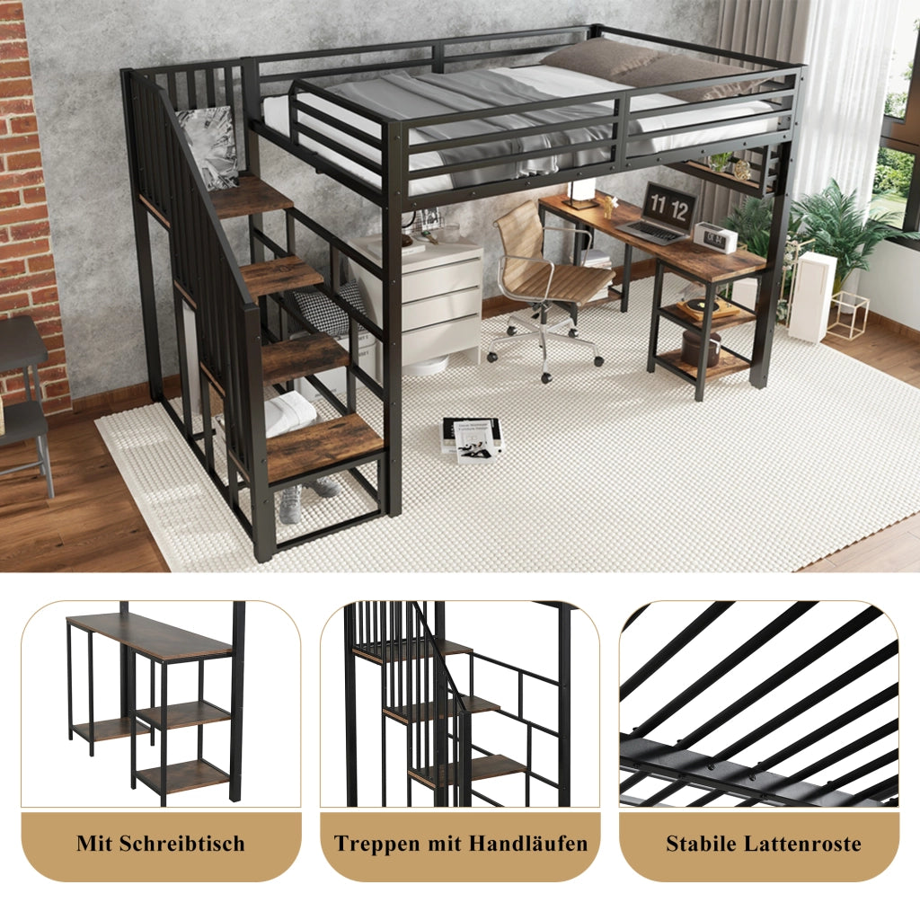 Letto a soppalco per bambini 120 × 200 cm con scrivania scaffale scale con corrimano metallo e legno nero noce scuro