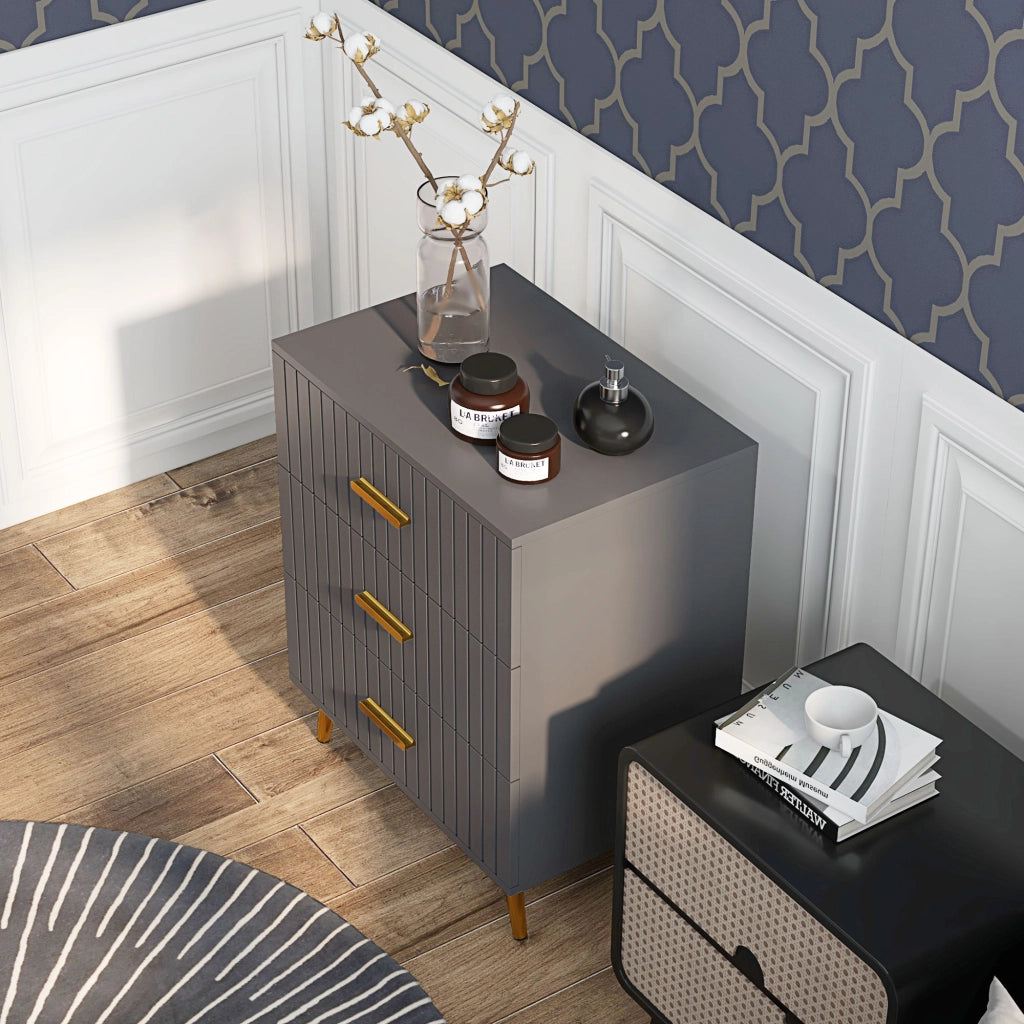 Cassettiera Moderna 3 Cassetti per Camera da Letto in Legno e Alluminio, Mobile Salvaspazio e Robusto, Oro e Grigio Scuro, 60x40x71.5 cm