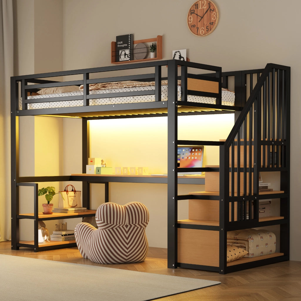 Letto a soppalco 90 × 200 cm con scrivania scaffali scala contenitore metallo e MDF nero con parapetto