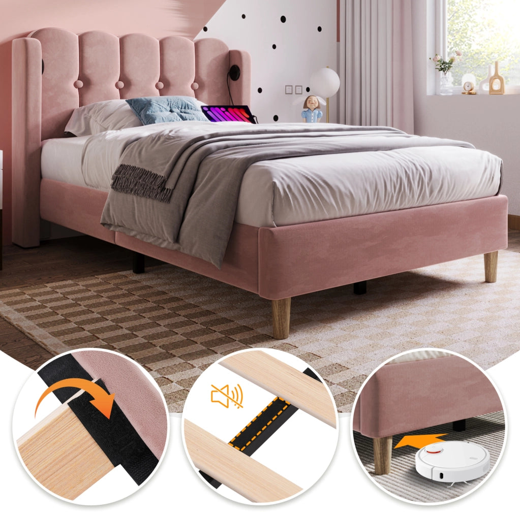 Letto imbottito singolo 90x200 cm in velluto rosa con USB e Type-C