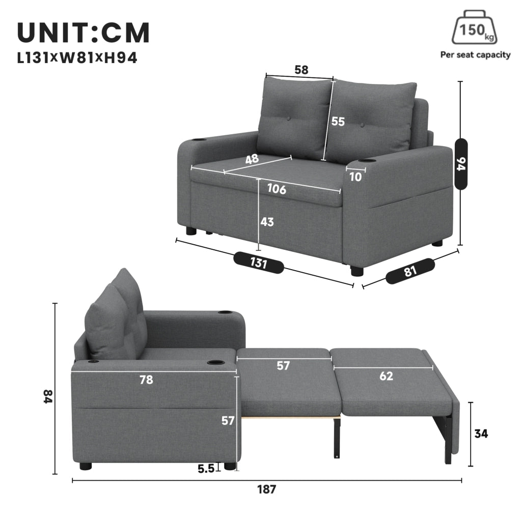 Divano Letto 3-in-1 Grigio 2 Posti con Porta Bicchieri, Tasche Laterali, Cuscini e Porta USB