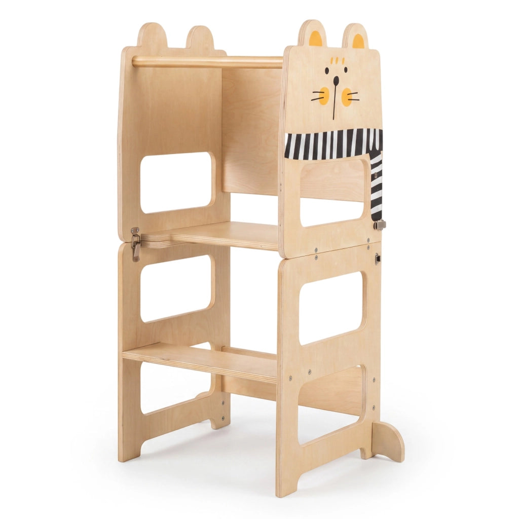 Torre montessoriana pieghevole con lavagna e tavolo-sedia, Torre di apprendimento gatto cucina-bagno legno da 18 mesi