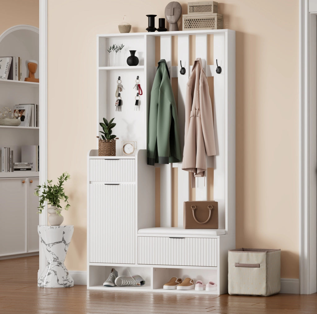 Mobile ingresso 6 in 1 100x30x180 cm con panca; 8 ganci e cassetti; bianco