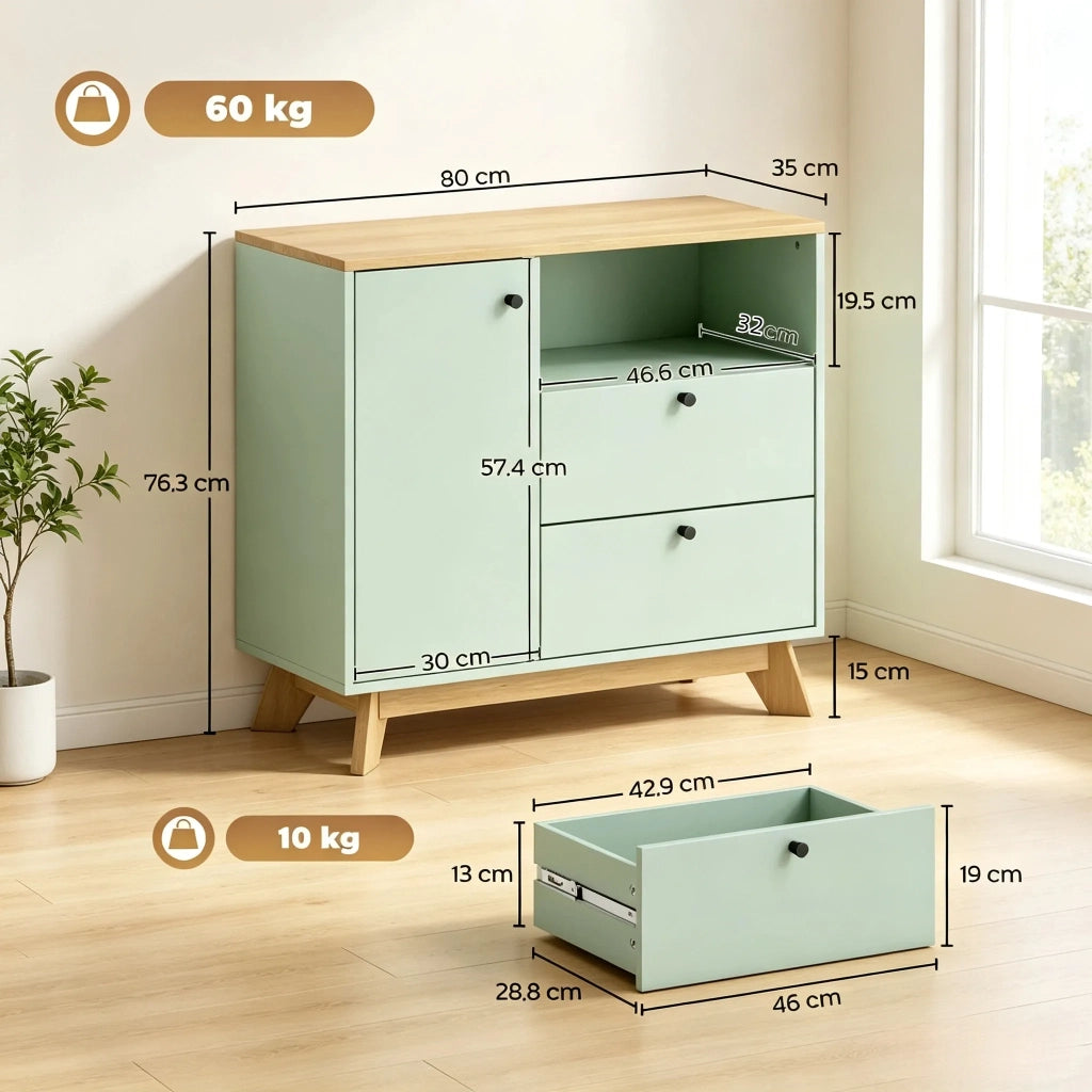 Buffet con 1 anta, 2 cassetti, scomparto aperto e ripiano regolabile