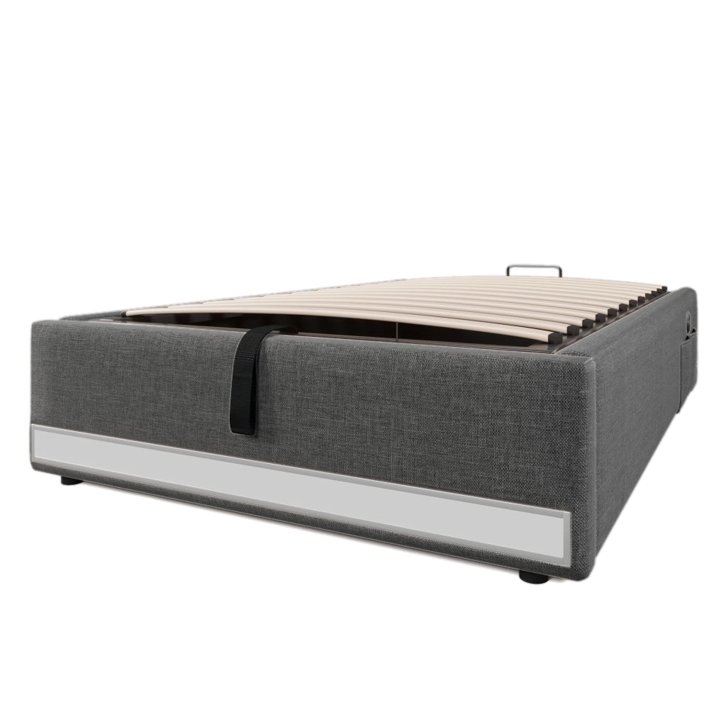 Letto imbottito 90x200 cm con LED, USB e USB-C in lino e MDF grigio