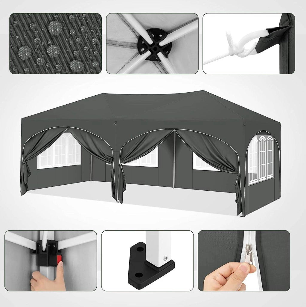 Gazebo pieghevole 3 x 6 m grigio con pareti laterali