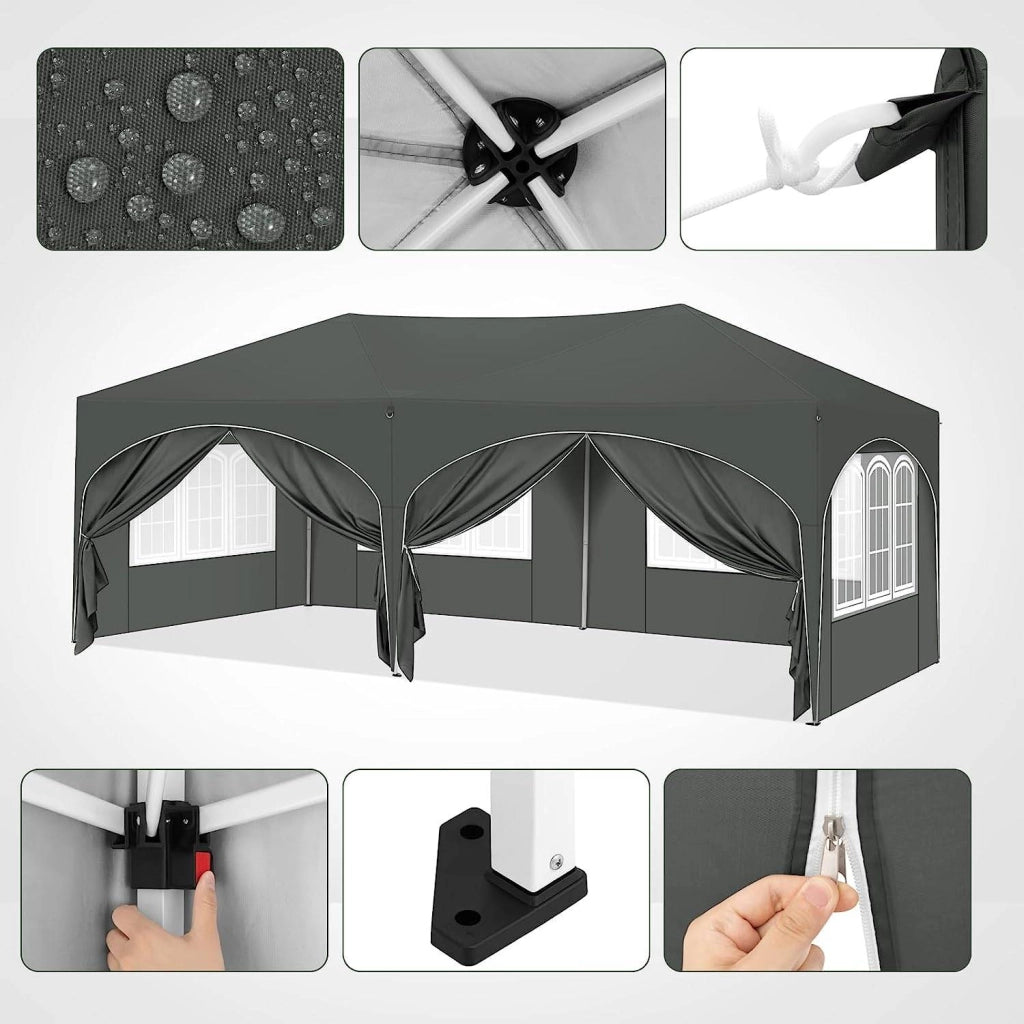 Gazebo pieghevole 3 × 6 m con 6 pareti rimovibili; telo Oxford 210D idrorepellente grigio con protezione UV 50+