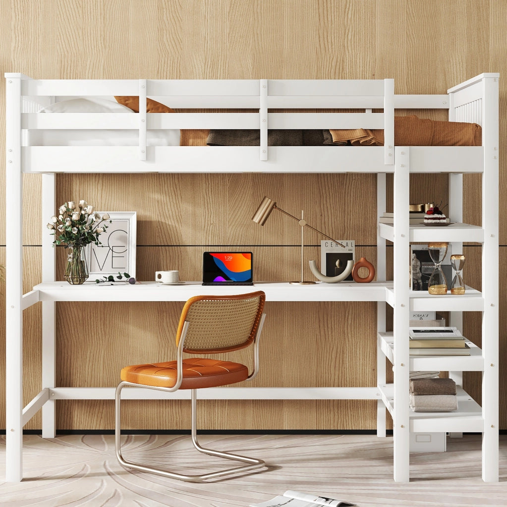 Hochbett 90x200 cm con scrivania e ripiani; in pino e MDF; bianco