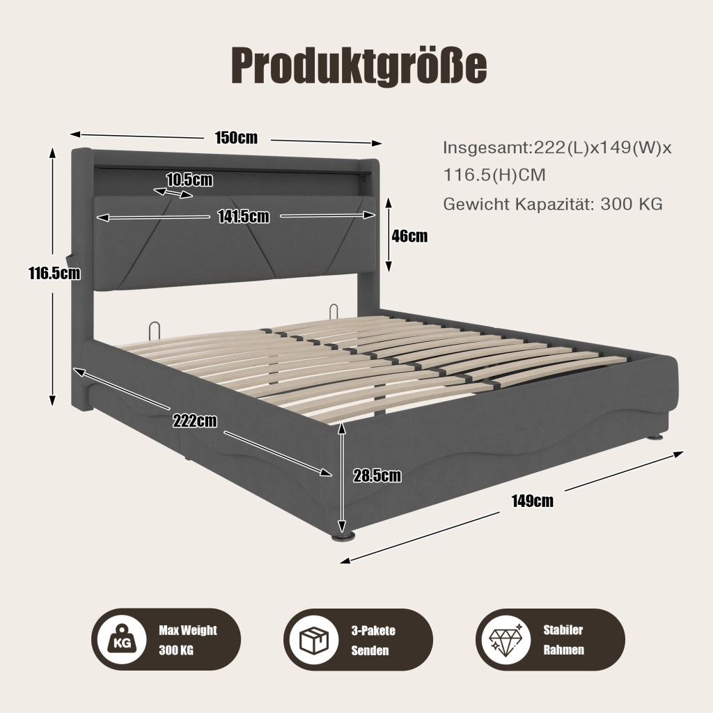Letto contenitore 140 × 200 cm con testiera in velluto; LED; prese USB e Type-C; vano contenitore grigio scuro