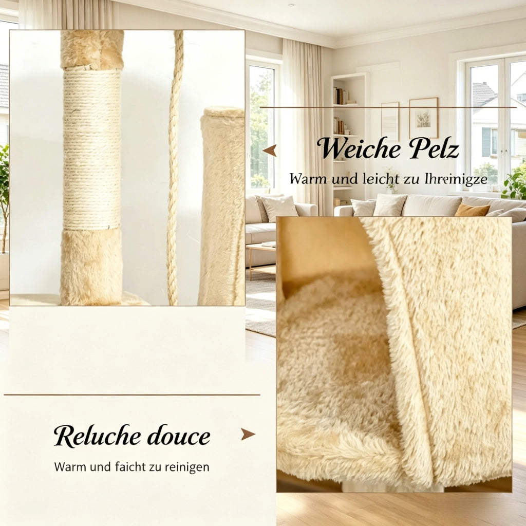 Albero tiragraffi beige a 4 livelli con cuccia e amaca