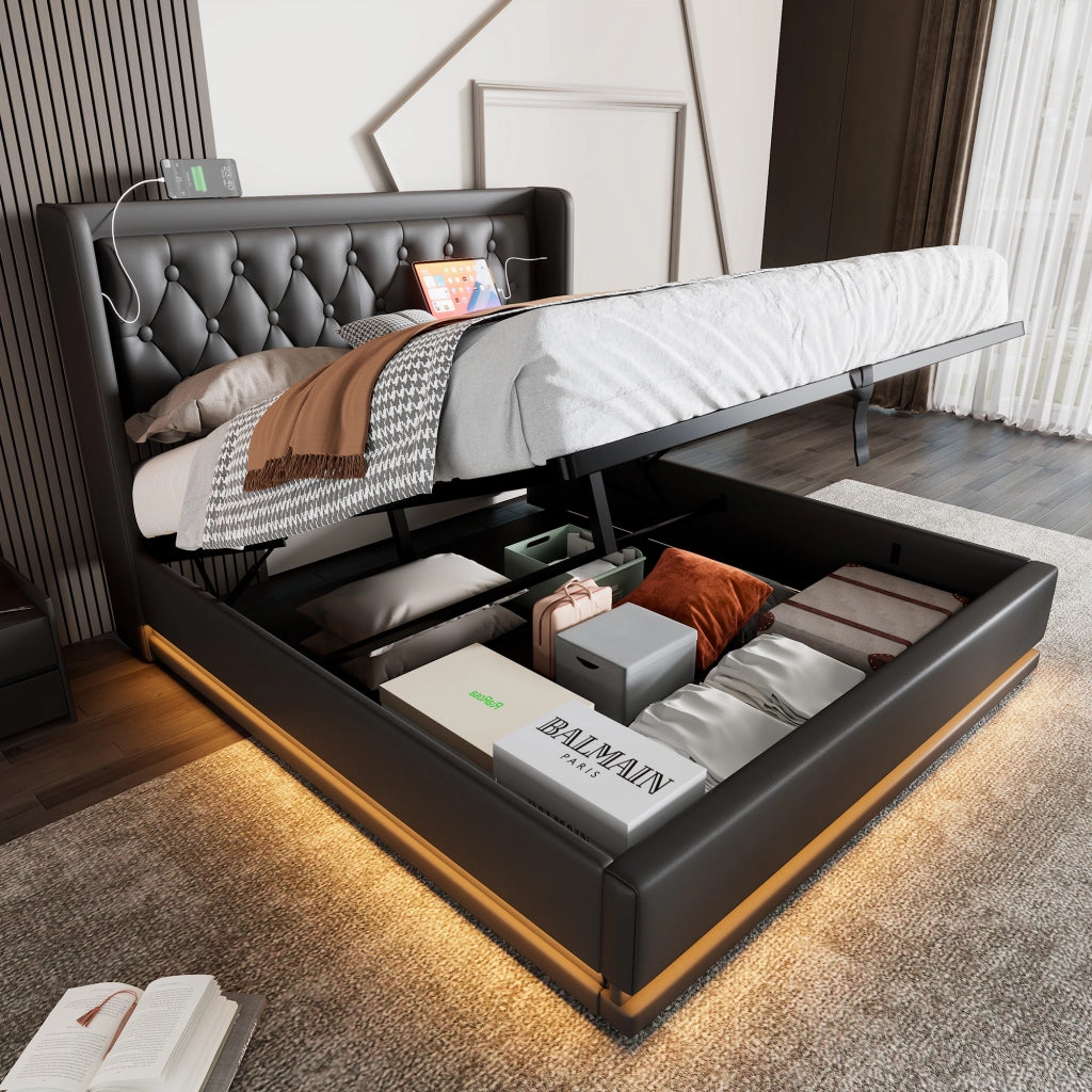 OKWISH Letto Contenitore 160×200 cm, Letto Matrimoniale con USB, Type C e LED Regolabile, senza Materasso, in PU, Nero
