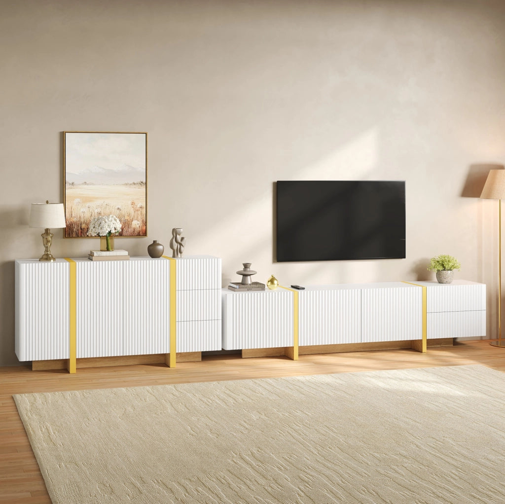 Set mobile TV e sideboard bianco con frontali a scanalature