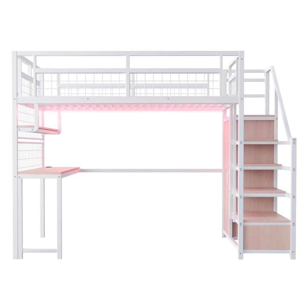 Letto a Soppalco 140x200 cm con Scrivania; Ripiano; LED; prese e rete in Metallo Bianco