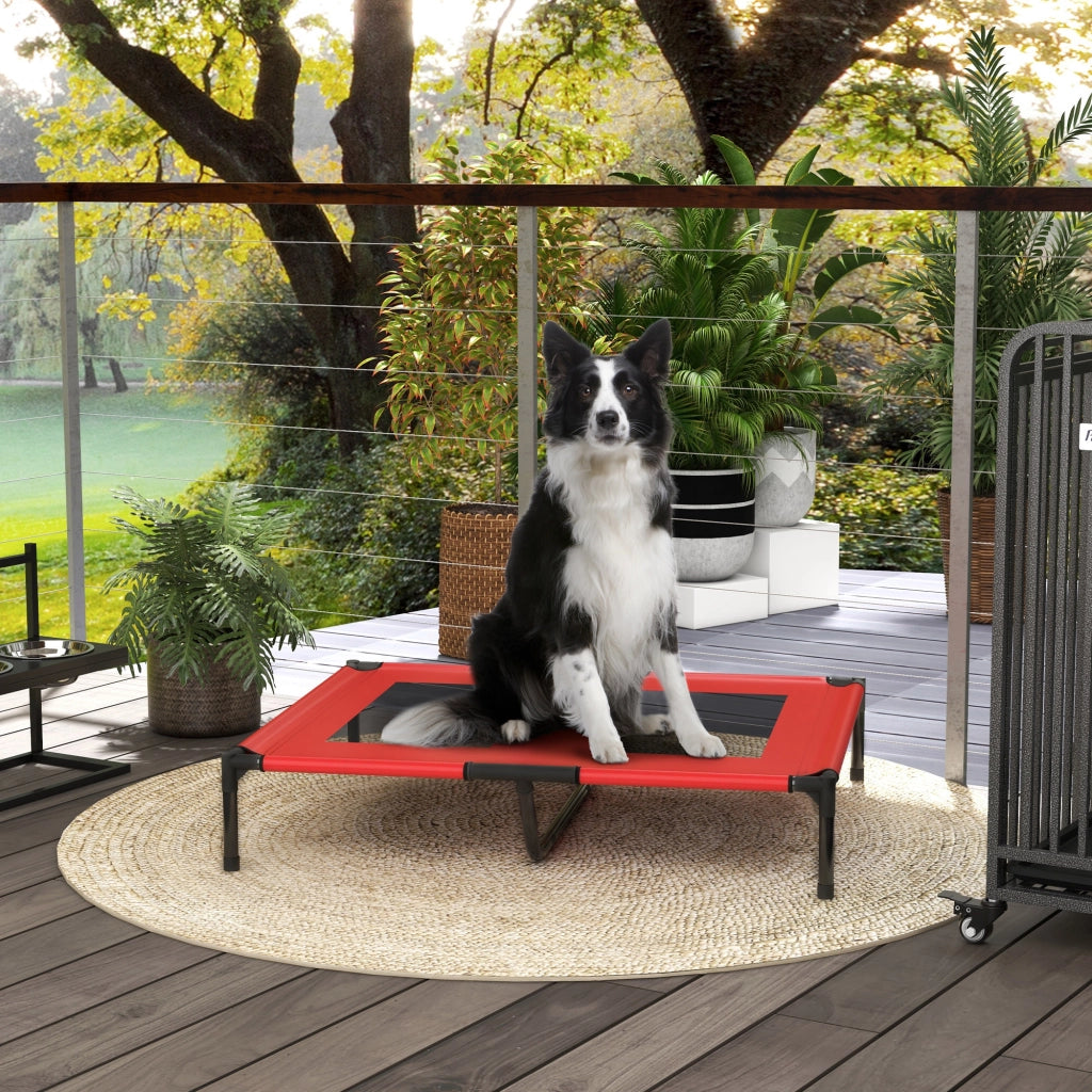 Letto rialzato per cani in oxford rosso con struttura in metallo e rete traspirante per grandi cani 92 × 76 × 18 cm